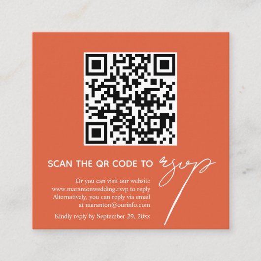 Oranje kalligrafie QR code RSVP foto bruiloft Informatiekaartje (Voorkant)