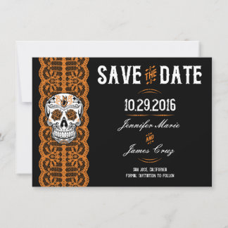 Oranje Kanten Suiker Schedel Save the Dates 4.5x6. Date