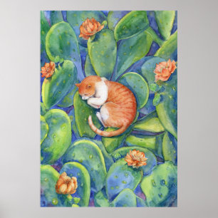 Oranje kat die slaapt tussen vijgcactussen kunst poster