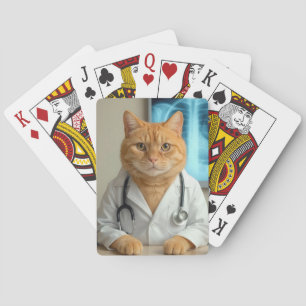 Oranje Kat Draagt Een Dokterslabjas Pokerkaarten