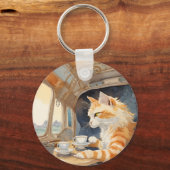 Oranje kat Drink thee Sleutelhanger (Achterkant)
