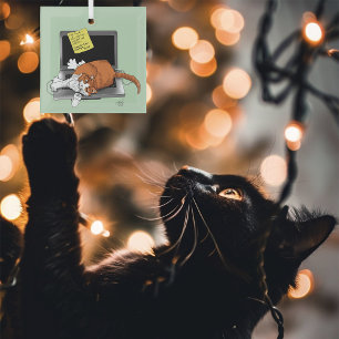 Oranje Kat Grappige Laptop Groen Werk Thuis Glas Ornament