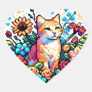 Oranje kat in bloemen Pixel Art Hart Sticker
