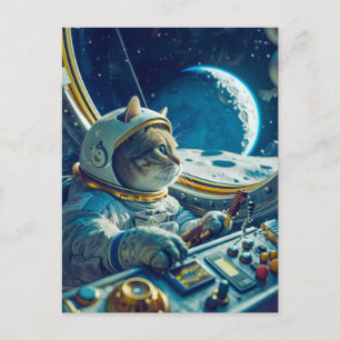 Oranje kat in de cockpit met planeten buiten feestdagenkaart