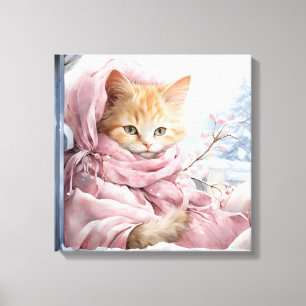 Oranje kat in een raam canvas afdruk
