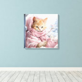 Oranje kat in een raam canvas afdruk (Insitu (Houten vloer))