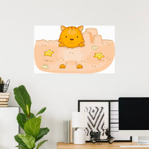 Oranje kat in zandkasteel strand scene poster