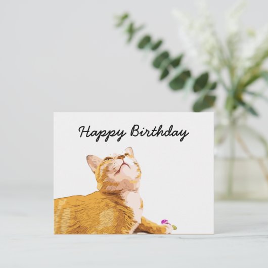 Oranje kat is op witte achtergrond verjaardag briefkaart (Staand voorkant)