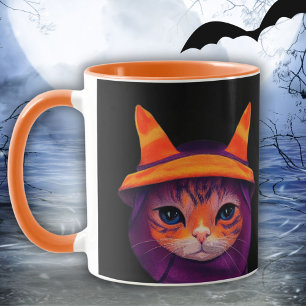 Oranje kat met heks Pet Halloween Black Mok