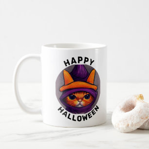 Oranje kat met Paarse heks Pet Halloween Koffiemok