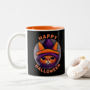 Oranje kat met Paarse heks Pet Halloween Tweekleurige Koffiemok