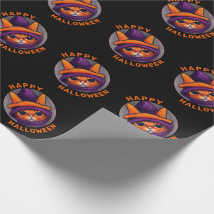 Oranje kat met Paarse heks Pet Happy Halloween Cadeaupapier