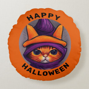 Oranje kat met Paarse heks Pet Happy Halloween Rond Kussen