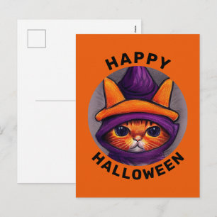 Oranje Kat met Paarse Heksenhoed Gelukkig Hallowee Feestdagenkaart