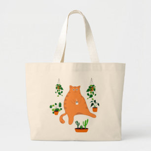 Oranje kat met Plant, Cute Cat Gift Grote Tote Bag