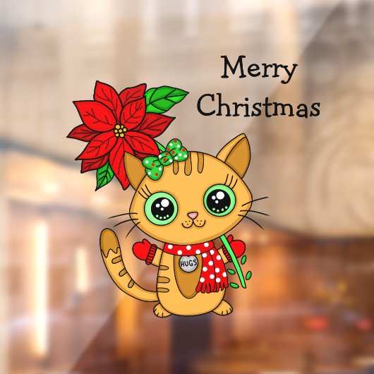 Oranje kat met Poinsettia kerst Raamsticker (Vel 2)