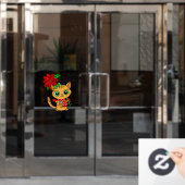 Oranje kat met Poinsettia kerst Raamsticker (Kantoordeur)