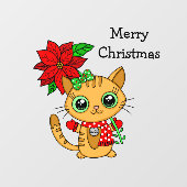 Oranje kat met Poinsettia kerst Raamsticker (Vel)