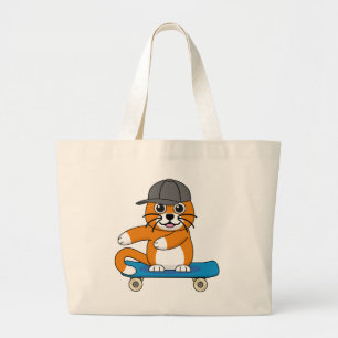 Oranje kat op de Cartoon van het skateboard Grote Tote Bag