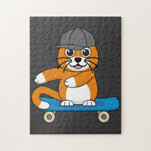 Oranje kat op de Cartoon van het skateboard Legpuzzel
