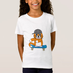 Oranje kat op de Cartoon van het skateboard T-shirt