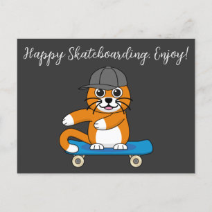 Oranje kat op de Cartoon van het skateboard   Teks Feestdagenkaart