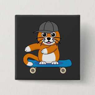 Oranje kat op de Cartoon van het skateboard Vierkante Button 5,1 Cm