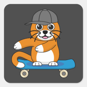 Oranje kat op de Cartoon van het skateboard Vierkante Sticker