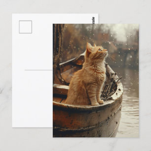 Oranje kat op een houten boot briefkaart