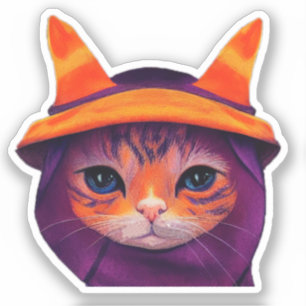 Oranje Kat Paarse heks Pet Fantasy Halloween Sticker