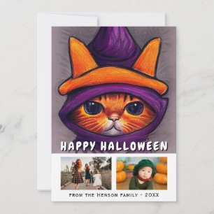 Oranje Kat Paarse Heksenhoed 2 Foto's Halloween Feestdagenkaart