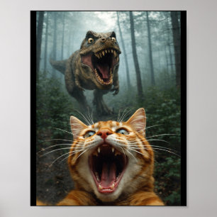 Oranje kat selfie met T-Rex dinosaurus grappige ma Poster