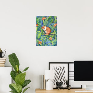 Oranje Kat Slapend Tussen Bloeiende Cactussen Fijn Poster