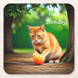 Oranje Kat Vierkante Kartonnen Onderzetter