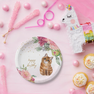 Oranje Kattenillustratie Happy Birthday Girl Party Papieren Bordje