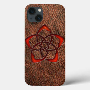 Oranje knolselbloem op echt leder iPhone 13 hoesje
