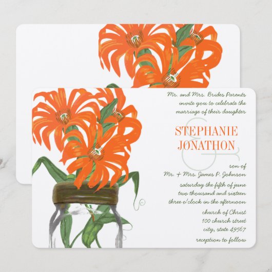 Oranje koraal Mason Jar Rustic Barn Wedding Kaart (Voorkant / Achterkant)