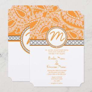 Oranje koraal monogram Paisley Wedding Invitation Kaart