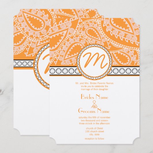Oranje koraal monogram Paisley Wedding Invitation Kaart (Voorkant / Achterkant)