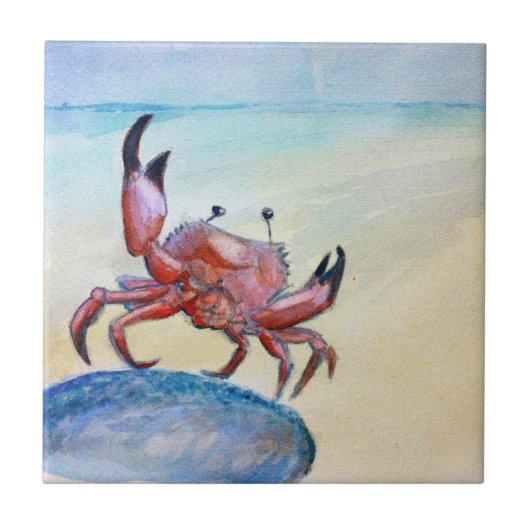 Oranje krab op de strand Tile Tegeltje (Voorkant)