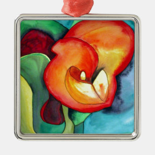 Oranje kunstbloem, waterverf metalen ornament