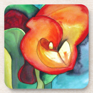 Oranje kunstbloem, waterverf onderzetter