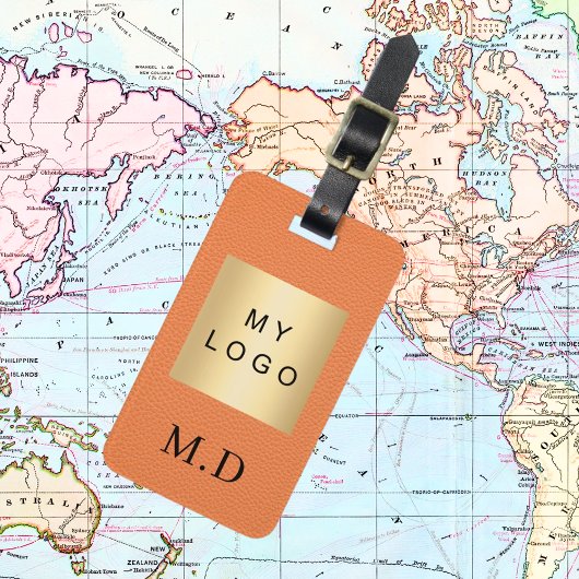 Oranje lederen bedrijf logo monogram bagagelabel