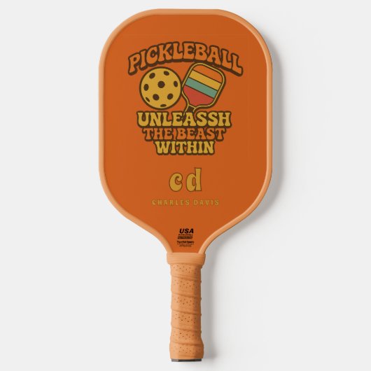 Oranje leuke quote retro monogram pickleball paddle (Voorkant)