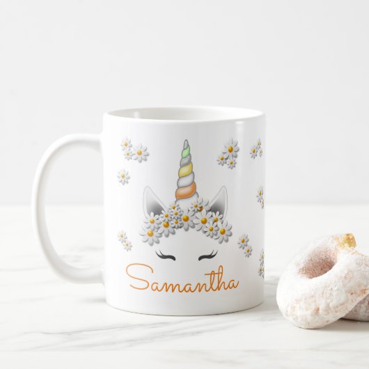 Oranje madeliefjes eenhoorn prinses kroon koffiemok (Met donut)