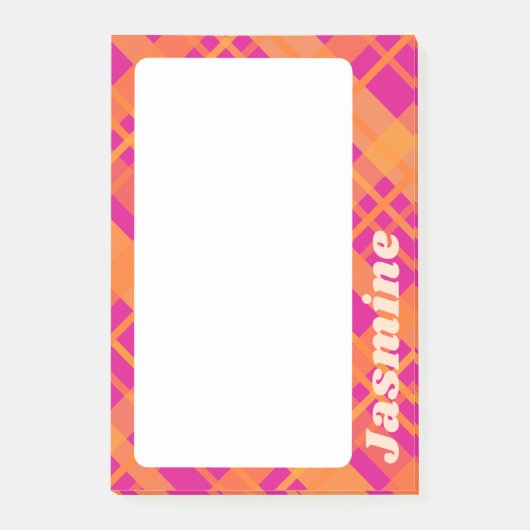 Oranje magenta plaid patroon aangepaste naam post-it® notes (Voorkant)