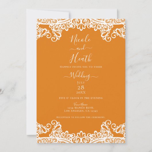 Oranje Mango & White Lace Elegant Wedding Kaart (Voorkant)