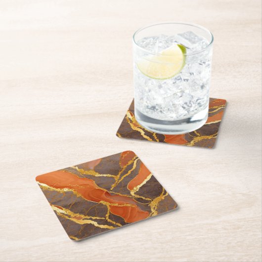 Oranje Marmer Patroon met Goud Vierkante Kartonnen Onderzetter (Insitu)