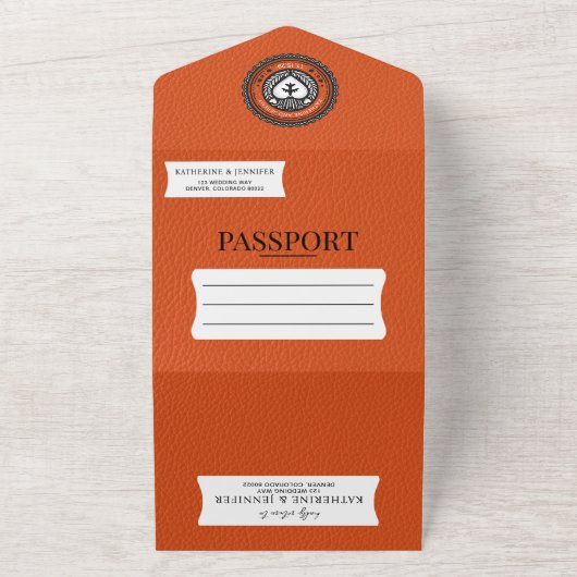 Oranje Mexicaanse paspoortbruiloft All In One Uitnodiging (Buitenkant)