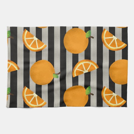 Oranje moderne zwarte & witte strepen theedoek (Horizontaal)